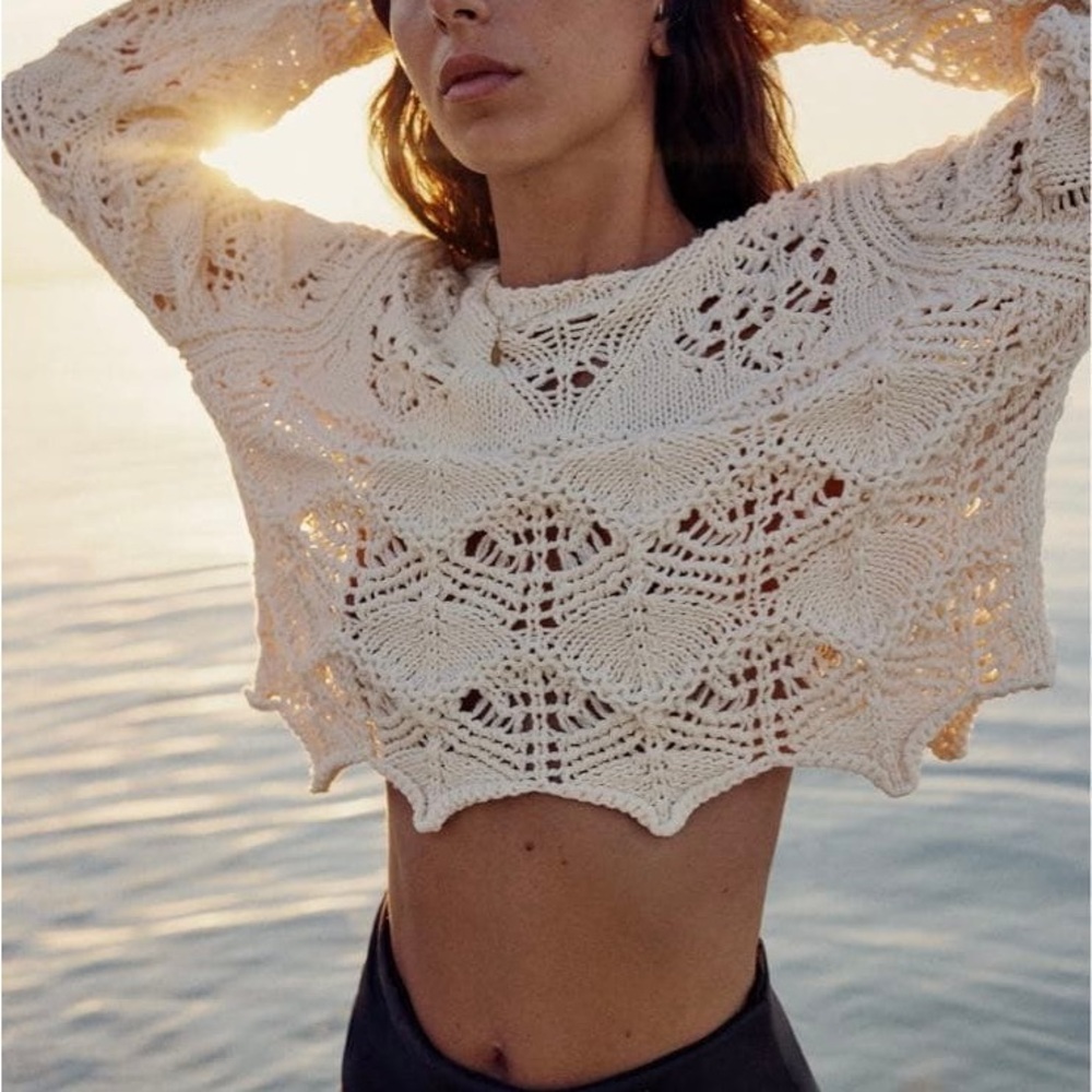 ZARA Open crochet knit top off white